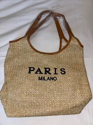 Tan And Brown Tote Bag…Both Faux Leather And Faux Straw “Paris/Milan”Design Nwts thumbnail 1
