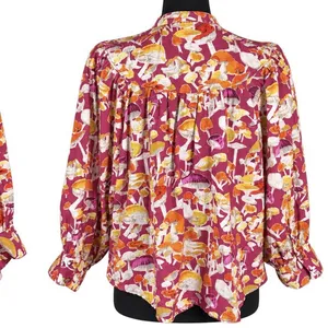 Anthropologie Maeve Femme Collarless Pink Orange Mushrooms Cotton Top M Boho thumbnail 2