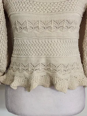Lucy Paris Beige Knit Cropped Sweater with Puffy Sleeves Size XS thumbnail 2