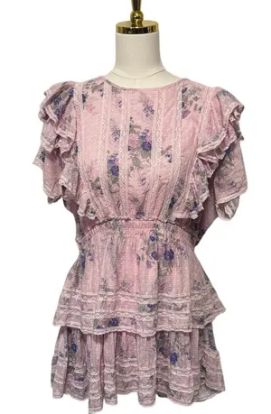LoveShackFancy "Natasha" Dress in Juicy Plum, Tiered Lace Trim Mini, Size XXL thumbnail 1