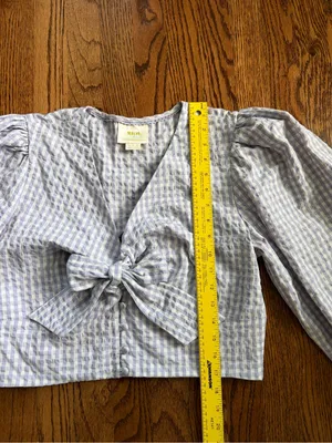 Maeve Anthropologie Cropped Gingham Bow Blouse Lavender Sz 14 Cottage Coastal thumbnail 13