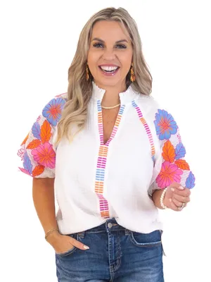 THML Floral Embroidered Puff Sleeves Ruffle Neck Texture Popover Top Size Small thumbnail 1