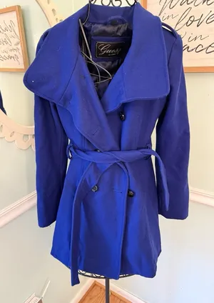 Guess Trench Coat Womens Small Blue Good Wool Blend‎ Double Breasted Belted thumbnail 1