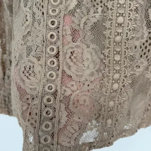 Women's Taupe Floral Lace Ruffle Mock Neck‎ Long Sleeve Blouse Top thumbnail 5