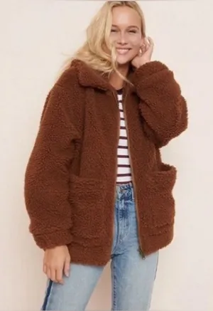 Elodie Brown Mocha Teddy Bear‎ Sweater Jacket Faux Sherpa Shearling Chunky Fall thumbnail 1