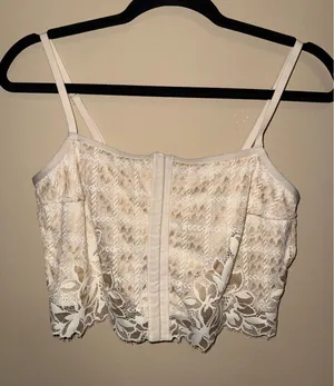 Aerie Real Good Lace Coquette Corset Crop Top‎ Cream Tan Floral Hook Eye L Fairy thumbnail 1