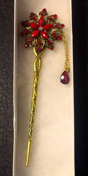 Hair Accessory-Burgundy Red Flower Jewel Hair Pin thumbnail 1