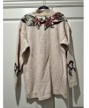 Vntg Talbots Christmas Holly Poinsettia Sweater Womens XL Bow Ivory Knit By Hand thumbnail 7