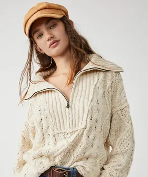Free People Driftwood Cableknit Polo Sweater in Ivory Size Large thumbnail 1