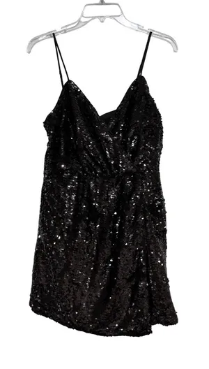 Lulus Womens Black Sequin Surplice V-Neck Spaghetti Strap‎ Romper Size M thumbnail 1