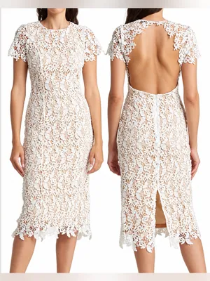NSR White Floral Lace Midi Dress Open Back Bridal Wedding Cocktail NWT Style thumbnail 2