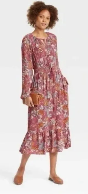 Knox Rose Boho Floral Smocked Maxi Dress‎ Pink Long Sleeve Peasant Size M thumbnail 1