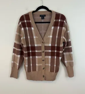 Rachel Zoe Brown Plaid Button-Front Cardigan Sweater Size Small thumbnail 1