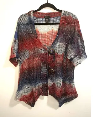 Katie Todd Women's Knit Cardigan Red White Blue Button Front Artsy Lagenlook M thumbnail 1