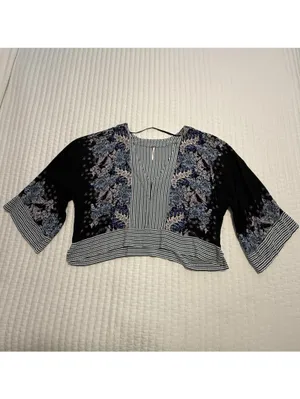 Free People Cropped V Neck Blouse Shirt Printed Floral & Stripes Boho Sz L Large thumbnail 3
