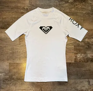 Roxy Whole Hearted White Logo Short Sleeve Rash Guard Swim Top SPF 50+ Medium thumbnail 1