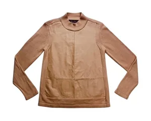 Terry Lewis Sweater Womens Medium Tan Leather Trim Ramie‎ Cotton Mock Neck thumbnail 1