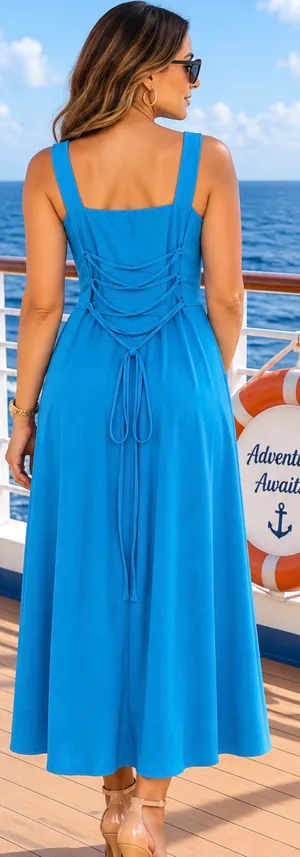 OYS~ Elegant Blue Women's A-Line Dress with Pockets. XL thumbnail 3
