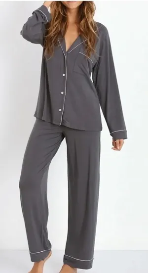 Eberjey | Gisele Long Sleeve Button Pant Pajama Set in Charcoal Grey thumbnail 1