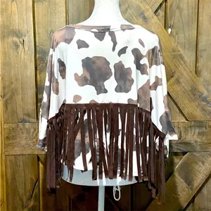 NWT Peach Love California Brown and White Crop Fringe Cow Print Tee thumbnail 6