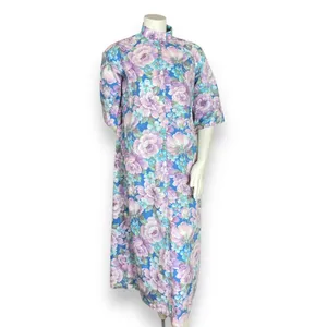 Vintage Handmade Housedress Floral Dress Purple Blue‎ Zip-Front Stand-Up Collar thumbnail 2