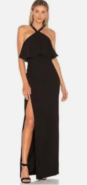 Amanda Uprichard Piazza Halter Ruffle Gown in Black thumbnail 1