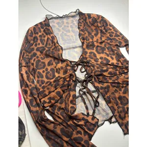 Leopard Print Mesh Tie Front Top Brown Black Ruffle Bell Sleeve Y2K Coquette thumbnail 3