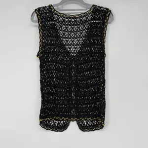 Vintage Korea Black Crochet Gold‎ Beaded Open Knit Boho Festival Vest thumbnail 2