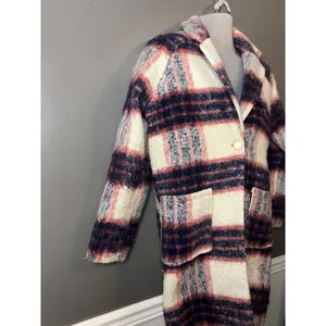Glamorous Coat Womens Medium Pink Navy Cream Plaid Wool Blend Long Lined Boucle thumbnail 4