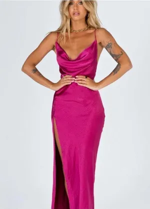 Lioness Magenta Walk The Line Satin Cowl High Slit Pink Maxi Midi xSmall thumbnail 1