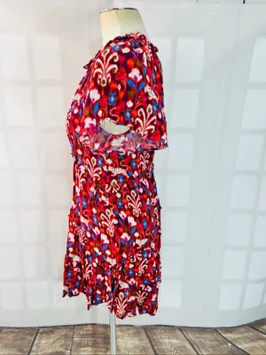 Anthropologie Red Pink Robin Floral Ruffle‎ Tiered V-Neck Mini Dress Size XS thumbnail 8
