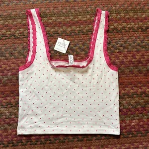 Nwt Cotton On Body Pink Polka Dot Lace Trim Crop Stretch Tank thumbnail 3