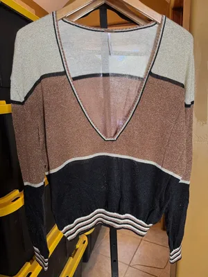 Free People Gold Dust Metallic Deep V Pullover Sweater Colorblock Size Large thumbnail 6