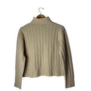 Ann Taylor Sweater Women Large Tan Cable Knit Lambswool Mock Neck Long Sleeve thumbnail 3