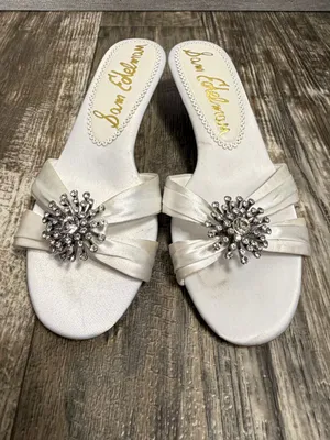 NWOB Sam Edelman White Satin Bridal Kitten Heel Slide with Crystal Brooch Size 6 thumbnail 7