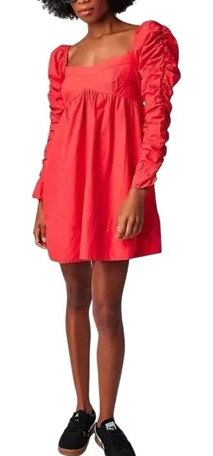 FREE PEOPLE Lindsay Babydoll Dress in Bella Rosa Red Size L New w/ Tag MSRP $138 thumbnail 1