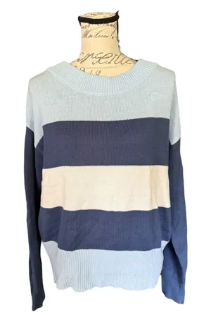 Lucky Brand Blue Striped Knit Cotton Blend Sweater Size Small thumbnail 1