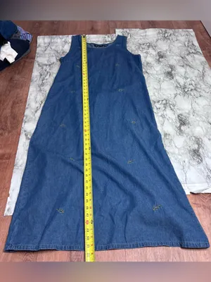 Vintage Denim Long Maxi Dress Blue Gold floral Embroidery 90s medium 100% Cotton thumbnail 4