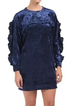 NWT Kaktus Crushed Velvet Navy Ruffle Dress S v6x thumbnail 1