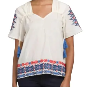 Anthropologie Pepin Women’s Size M White Red Blue Embroidered Cotton V-Neck Top thumbnail 3