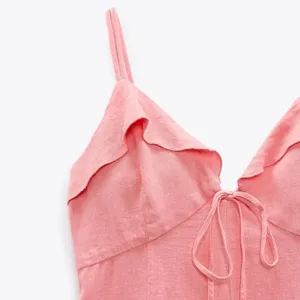NWT Zara Coral Pink Linen Blend Mini Dress Ruffle Tie Front Size Small thumbnail 6