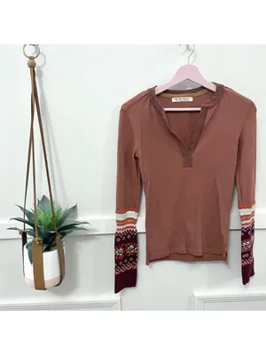 Free People Mikah Notch Neck Long Sleeve Blouse Autumn Orange Thermal Size S thumbnail 2