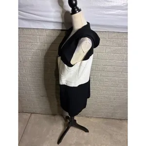 Sioni‎ Hooded Sleeveless Vest Black White Color Block Long Cardigan Knit thumbnail 2