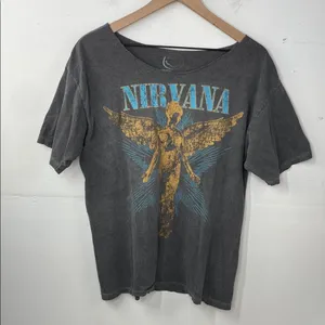 NIRVANA Angel Graphic Tee Gray and Gold size M/L neckline cut out thumbnail 1