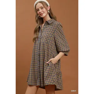 Umgee Plaid‎ Button Down Oversized Shirt Dress - Grey - Medium thumbnail 2
