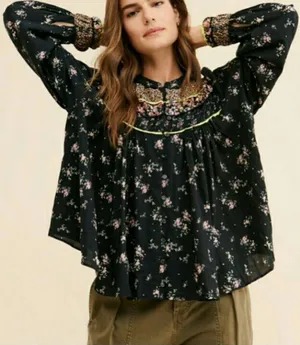 Free People Paloma Printed Long Sleeve Blouse Floral Flowy Button Up Size Small thumbnail 1
