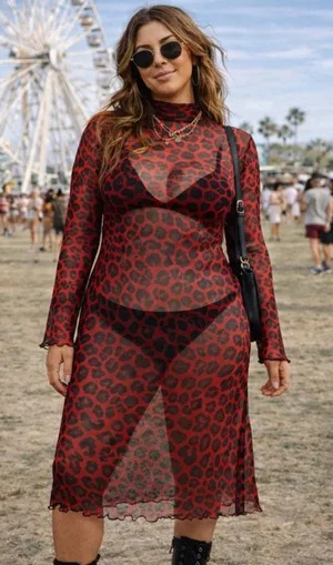 Y2K Red Leopard Mesh Dress Sz M Indie Sleaze Grunge Clubwear Shein Mock Neck thumbnail 1