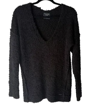Abercrombie Fitch Popcorn V Neck Long Sleeve Sweater Black Women's Medium Preppy thumbnail 1