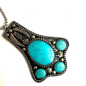 Silver tone turquoise blue southwestern large pendant necklace thumbnail 10