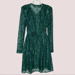 Vintage Green Lace Skater Dress Keyhole‎ Long-Sleeve Tie-Back Bow Christmas thumbnail 2